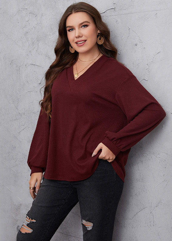 Brief Red V Neck Patchwork Cotton Shirts Tops Long Sleeve