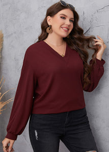 Brief Red V Neck Patchwork Cotton Shirts Tops Long Sleeve