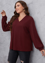 Load image into Gallery viewer, Brief Red V Neck Patchwork Cotton Shirts Tops Long Sleeve