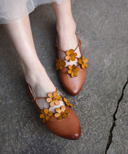 Load image into Gallery viewer, Brown Flat Shoes For Women Cowhide Leather Splicing Floral Pointed Toe