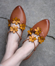 Load image into Gallery viewer, Brown Flat Shoes For Women Cowhide Leather Splicing Floral Pointed Toe