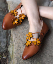 Load image into Gallery viewer, Brown Flat Shoes For Women Cowhide Leather Splicing Floral Pointed Toe