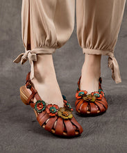 Load image into Gallery viewer, Brown Sandals Splicing Cowhide Leather Hollow Out Buckle Strap Floral