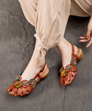 Load image into Gallery viewer, Brown Sandals Splicing Cowhide Leather Hollow Out Buckle Strap Floral