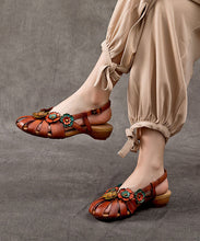 Load image into Gallery viewer, Brown Sandals Splicing Cowhide Leather Hollow Out Buckle Strap Floral