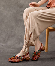 Load image into Gallery viewer, Brown Sandals Splicing Cowhide Leather Hollow Out Buckle Strap Floral