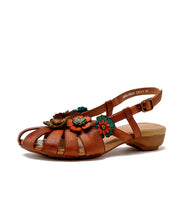 Load image into Gallery viewer, Brown Sandals Splicing Cowhide Leather Hollow Out Buckle Strap Floral