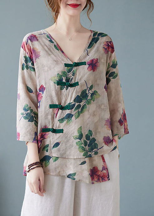 Casual Apricot V Neck Print Shirts Half Sleeve