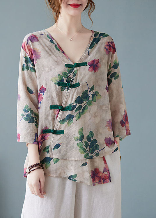 Casual Apricot V Neck Print Shirts Half Sleeve