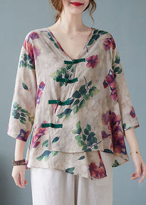 Casual Apricot V Neck Print Shirts Half Sleeve