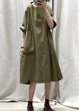 Load image into Gallery viewer, Casual Army Green O Neck Pockets Patchwork Cotton Mid Dress Summer