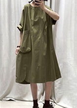 Load image into Gallery viewer, Casual Army Green O Neck Pockets Patchwork Cotton Mid Dress Summer