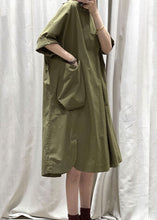 Load image into Gallery viewer, Casual Army Green O Neck Pockets Patchwork Cotton Mid Dress Summer