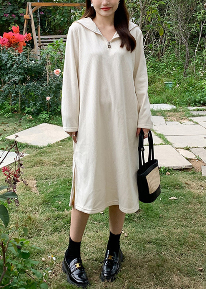 Casual Beige Sailor Collar Zip Up Warm Fleece Long Dresses Fall