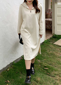 Casual Beige Sailor Collar Zip Up Warm Fleece Long Dresses Fall