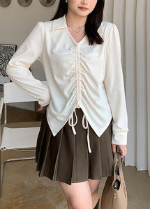 Casual Beige V Neck Cinched Spandex Shirt Fall