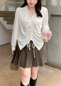 Casual Beige V Neck Cinched Spandex Shirt Fall