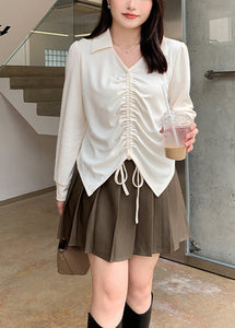 Casual Beige V Neck Cinched Spandex Shirt Fall