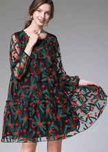 Load image into Gallery viewer, Casual Black Embroideried Floral Tulle Lace A Line Dress Long Sleeve