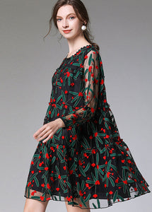 Casual Black Embroideried Floral Tulle Lace A Line Dress Long Sleeve