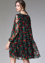 Load image into Gallery viewer, Casual Black Embroideried Floral Tulle Lace A Line Dress Long Sleeve