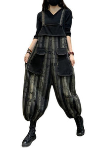 Casual Black Graphic Print Striped Button Denim Jumpsuits Spring