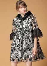 Load image into Gallery viewer, Casual Black Hooded Embroideried Patchwork Organza Coats Half Sleeve