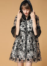 Load image into Gallery viewer, Casual Black Hooded Embroideried Patchwork Organza Coats Half Sleeve