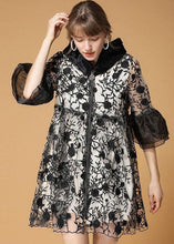 Load image into Gallery viewer, Casual Black Hooded Embroideried Patchwork Organza Coats Half Sleeve