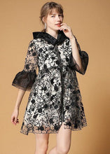 Load image into Gallery viewer, Casual Black Hooded Embroideried Patchwork Organza Coats Half Sleeve