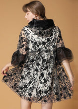 Load image into Gallery viewer, Casual Black Hooded Embroideried Patchwork Organza Coats Half Sleeve