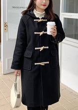 Load image into Gallery viewer, Casual Black Hooded Pockets Fine Cotton Filled Woolen Trench Winter