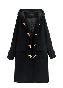 Casual Black Hooded Pockets Fine Cotton Filled Woolen Trench Winter