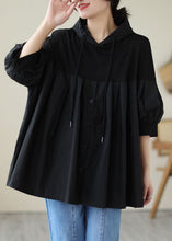 Load image into Gallery viewer, Casual Black Hooded Wrinkled Patchwork Cotton T Shirt Top Summer