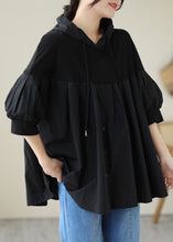 Load image into Gallery viewer, Casual Black Hooded Wrinkled Patchwork Cotton T Shirt Top Summer