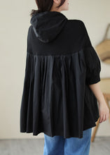 Load image into Gallery viewer, Casual Black Hooded Wrinkled Patchwork Cotton T Shirt Top Summer