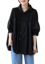 Load image into Gallery viewer, Casual Black Hooded Wrinkled Patchwork Cotton T Shirt Top Summer