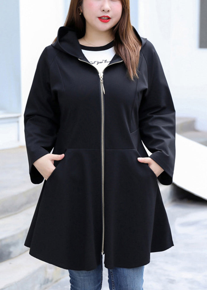 Casual Black Hooded Zippered Exra Large Hem Coats Fall