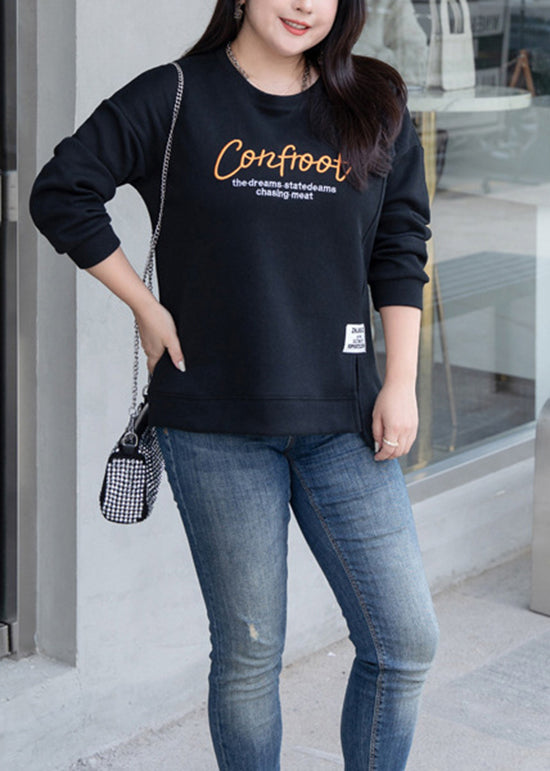 Casual Black O Neck Letter Embroideried Cotton Sweatshirts Top Fall