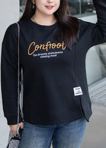 Casual Black O Neck Letter Embroideried Cotton Sweatshirts Top Fall