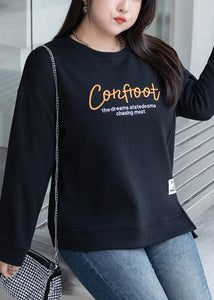 Casual Black O Neck Letter Embroideried Cotton Sweatshirts Top Fall