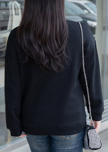 Casual Black O Neck Letter Embroideried Cotton Sweatshirts Top Fall