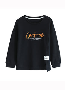 Casual Black O Neck Letter Embroideried Cotton Sweatshirts Top Fall