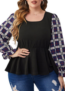 Casual Black O-Neck Plaid Patchwork Shirts Fall