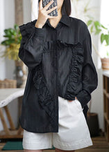 Load image into Gallery viewer, Casual Black Peter Pan Collar Ruffled Patchwork Cotton Shirt Tops Fall