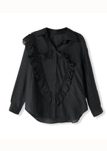 Load image into Gallery viewer, Casual Black Peter Pan Collar Ruffled Patchwork Cotton Shirt Tops Fall