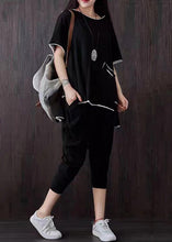 Load image into Gallery viewer, Casual Black Pockets Patchwork Tops And Pants Cotton Two Piece Suit Set Summer