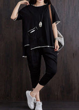 Load image into Gallery viewer, Casual Black Pockets Patchwork Tops And Pants Cotton Two Piece Suit Set Summer