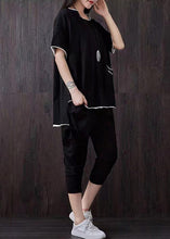 Load image into Gallery viewer, Casual Black Pockets Patchwork Tops And Pants Cotton Two Piece Suit Set Summer