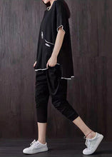 Load image into Gallery viewer, Casual Black Pockets Patchwork Tops And Pants Cotton Two Piece Suit Set Summer